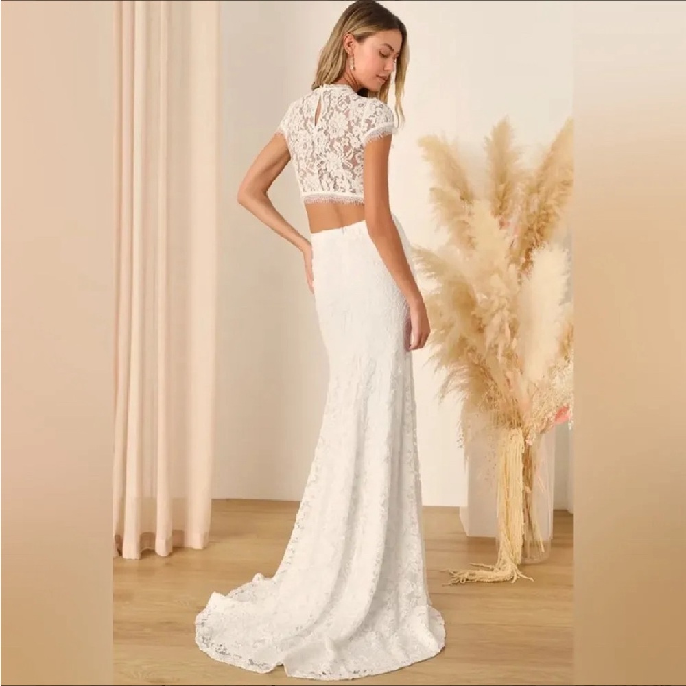 Lulu’s White Lace Dress Maxi - cap sleeve - open back - wedding dress